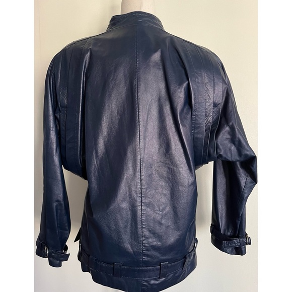 Vintage 80s Genuine Leather Navy Jacket Dolman Batwing Belted New Wave S/M - Picture 3 of 7